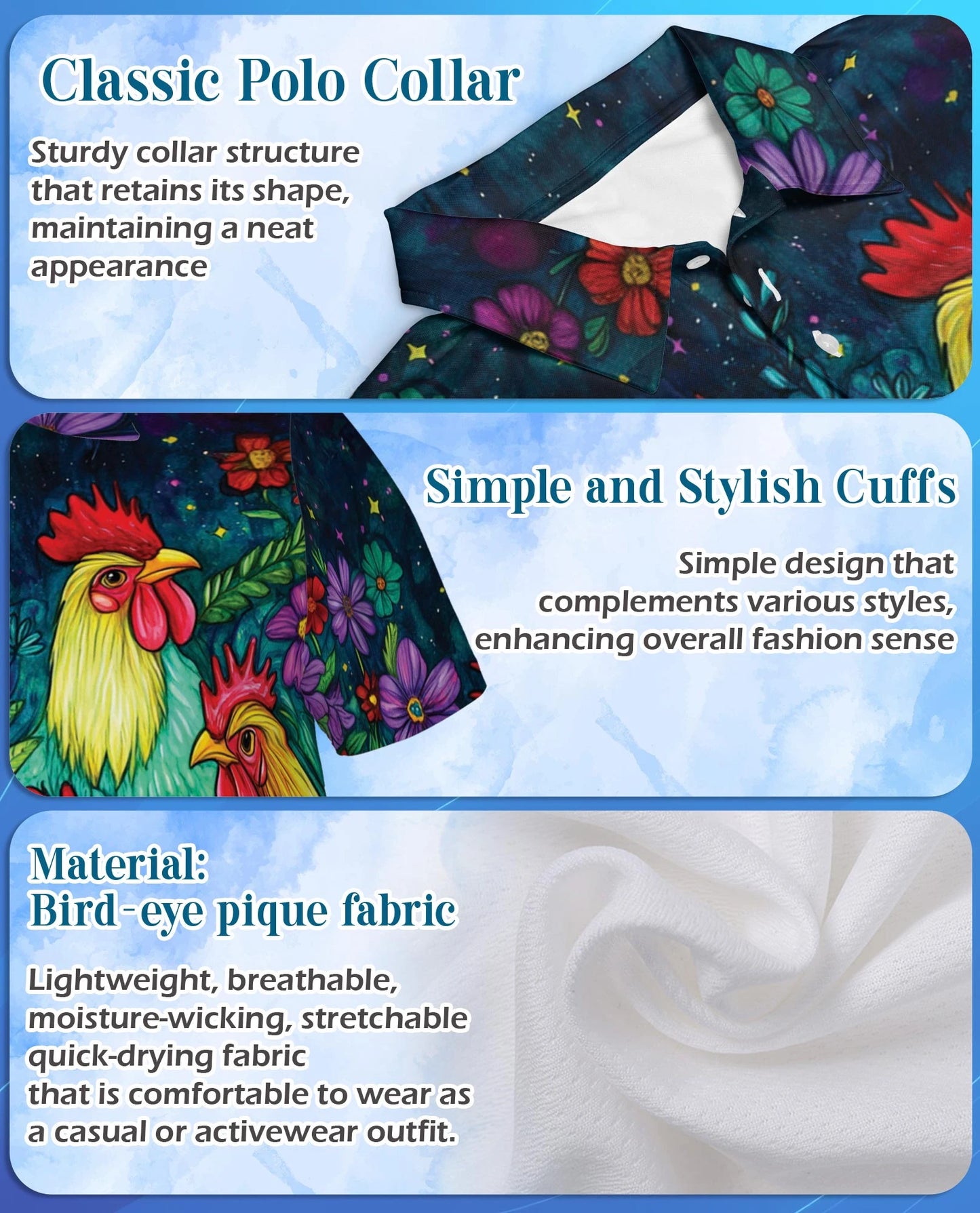 Vibrant Neon Rooster Polo Shirt for Men – Fantasy Art Style | Netecom