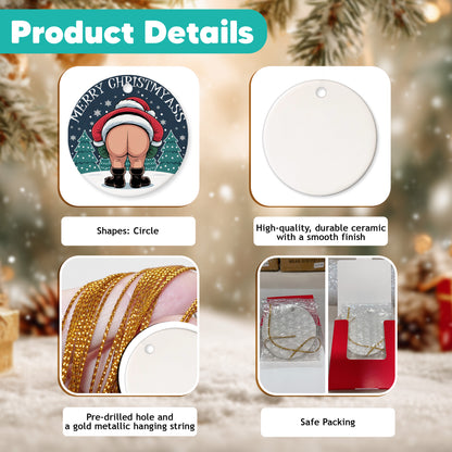 Netecom Funny Santa Ornaments, Merry Christ My Ass Ceramic Ornament for Christmas Tree Hanging Decorations Gift, Funny Gag Gifts for Men Women, Holiday Party Present