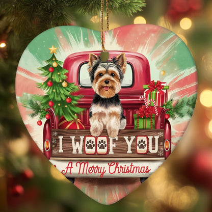 Netecom Funny Yorkshire Terrier in Red Truck Ornament, I Woof You Merry Christmas Ceramic Ornament for Christmas Tree Hanging Decorations Gift, Dog Lover Gifts, Holiday Celebration Present