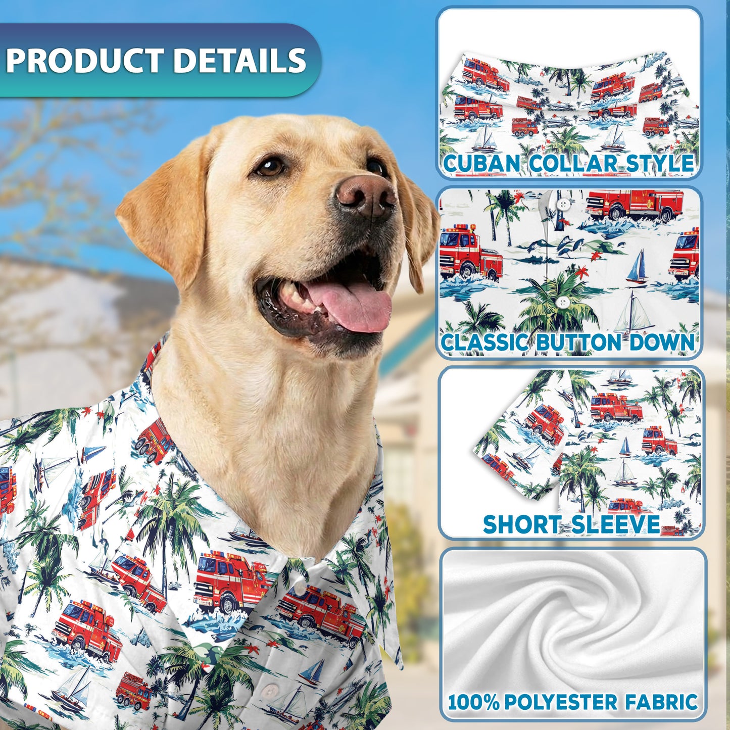 Netecom Matching Fire Truck Hawaiian Shirt for Dog and Owner, Friend of Firefighter Aloha Summer Shirt, Casual Button Down Style for Pet and Human