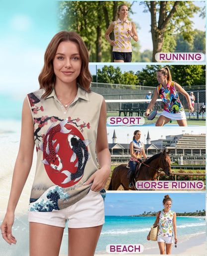 Yin Yang Koi Fish Sleeveless Polo Shirt for Women | Netecom