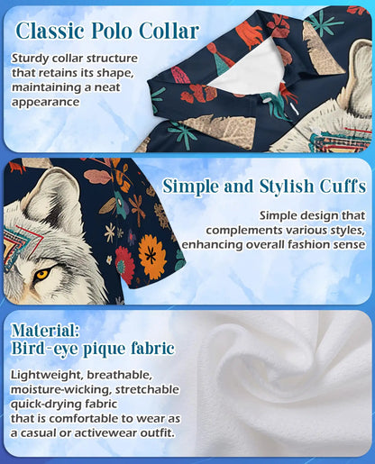 Boho Wolf Polo Shirt - Spirit Animal Nature Style | Netecom