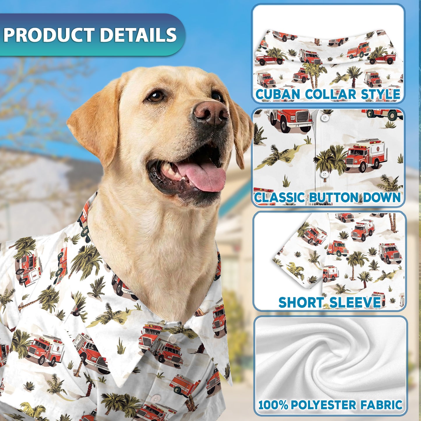 Netecom Matching Fire Truck Hawaiian Shirt for Dog and Owner, Aloha Summer Shirt, Firefighter Theme Button Down Outfit for Pet and Human, Beach Vacation Casual Wear