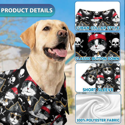 Netecom Matching Pirate Cat Hawaiian Shirt for Dog and Owner, Aloha Summer Shirt, Pirate Cat Print Outfit for Pet and Human, Beach Vacation Casual Wear
