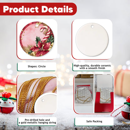 Netecom Elegant Pink Poinsettia and Holly Berries Leaves Christmas Ornament, Ceramic Candy Cane Keepsake Ornament for Xmas Tree Decorations, Gifts for Holiday, Party, Home Decor