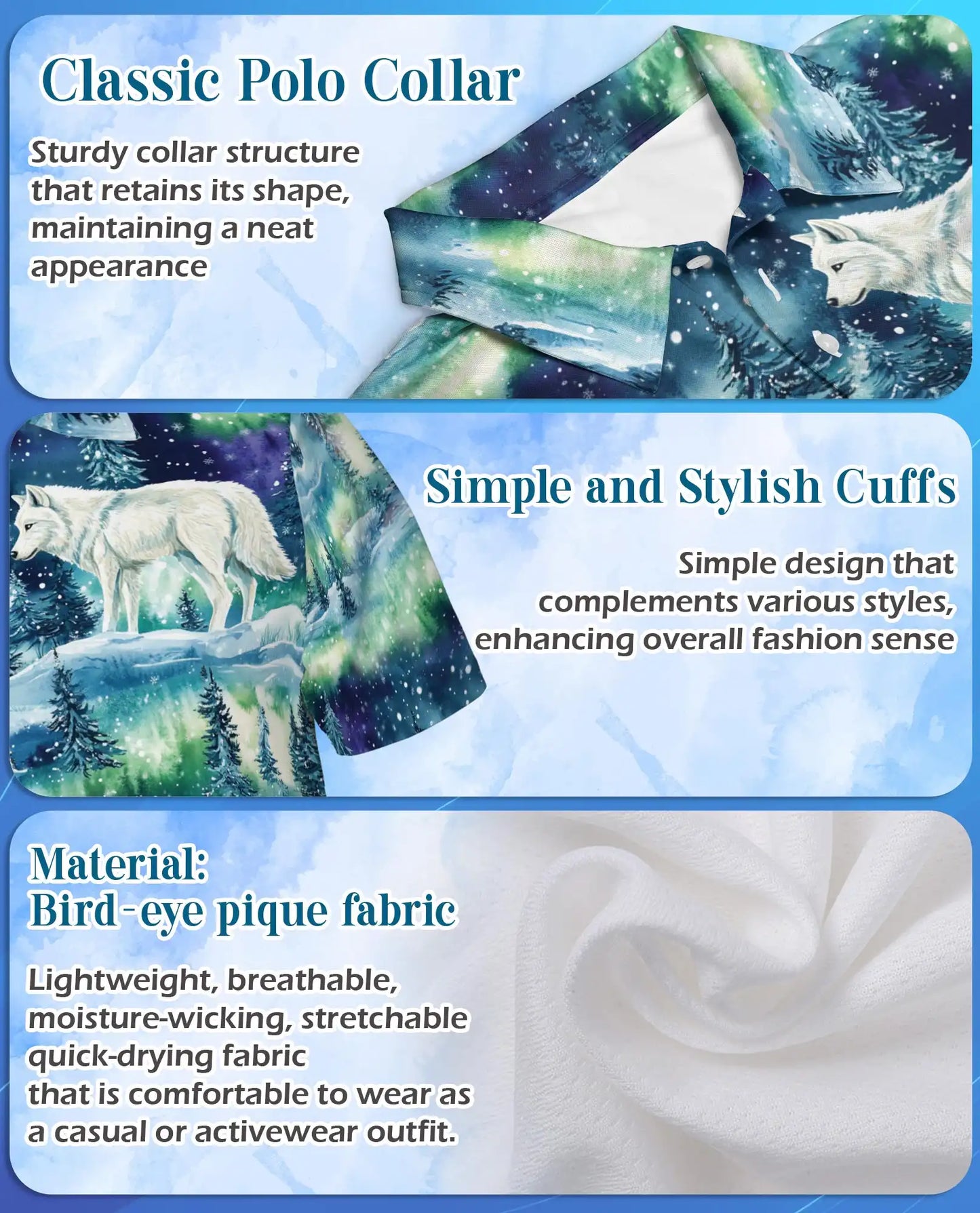 Wolf Aurora Polo Shirt – Northern Lights Winter Scene | Netecom
