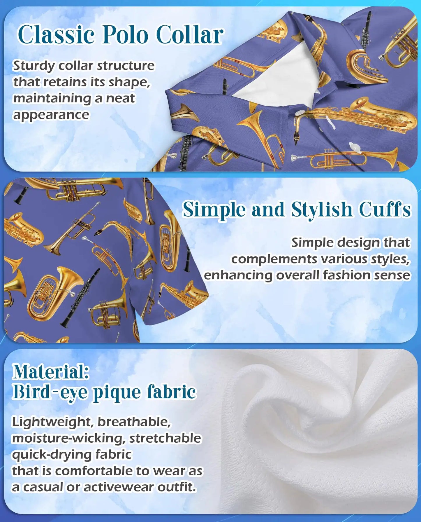 Musical Instruments Polo Shirt for Men-Print  Saxophone Trumpet | Netecom