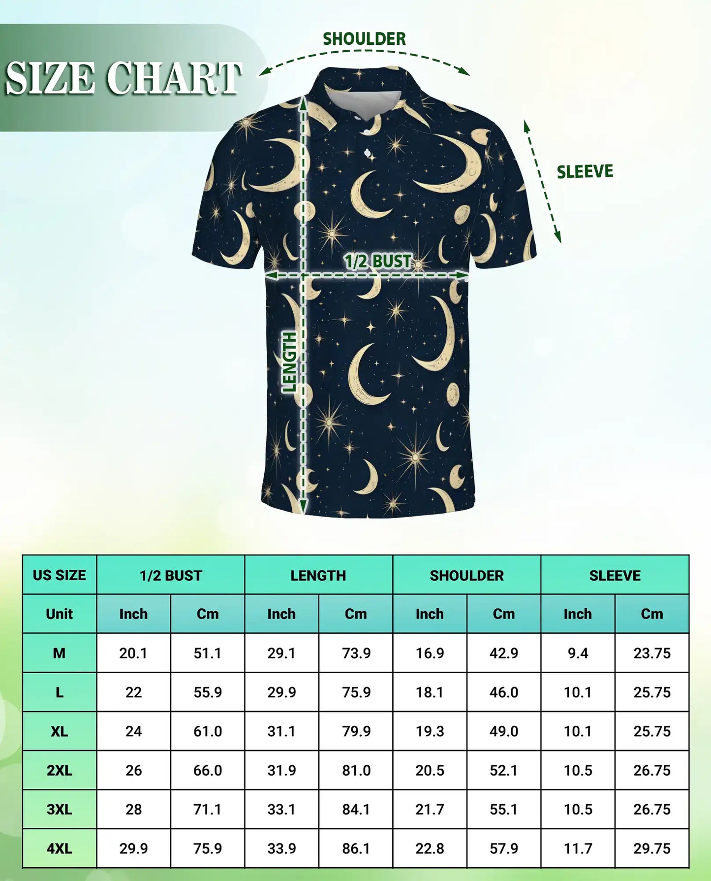 Celestial Moon Polo Shirt- Night Sky Stars Cosmic Print | Netecom
