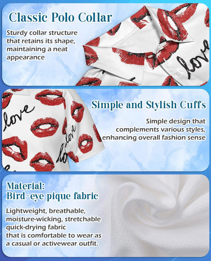 Love Kiss Lips Polo Shirt for Men - Romantic Red Lip Print | Netecom