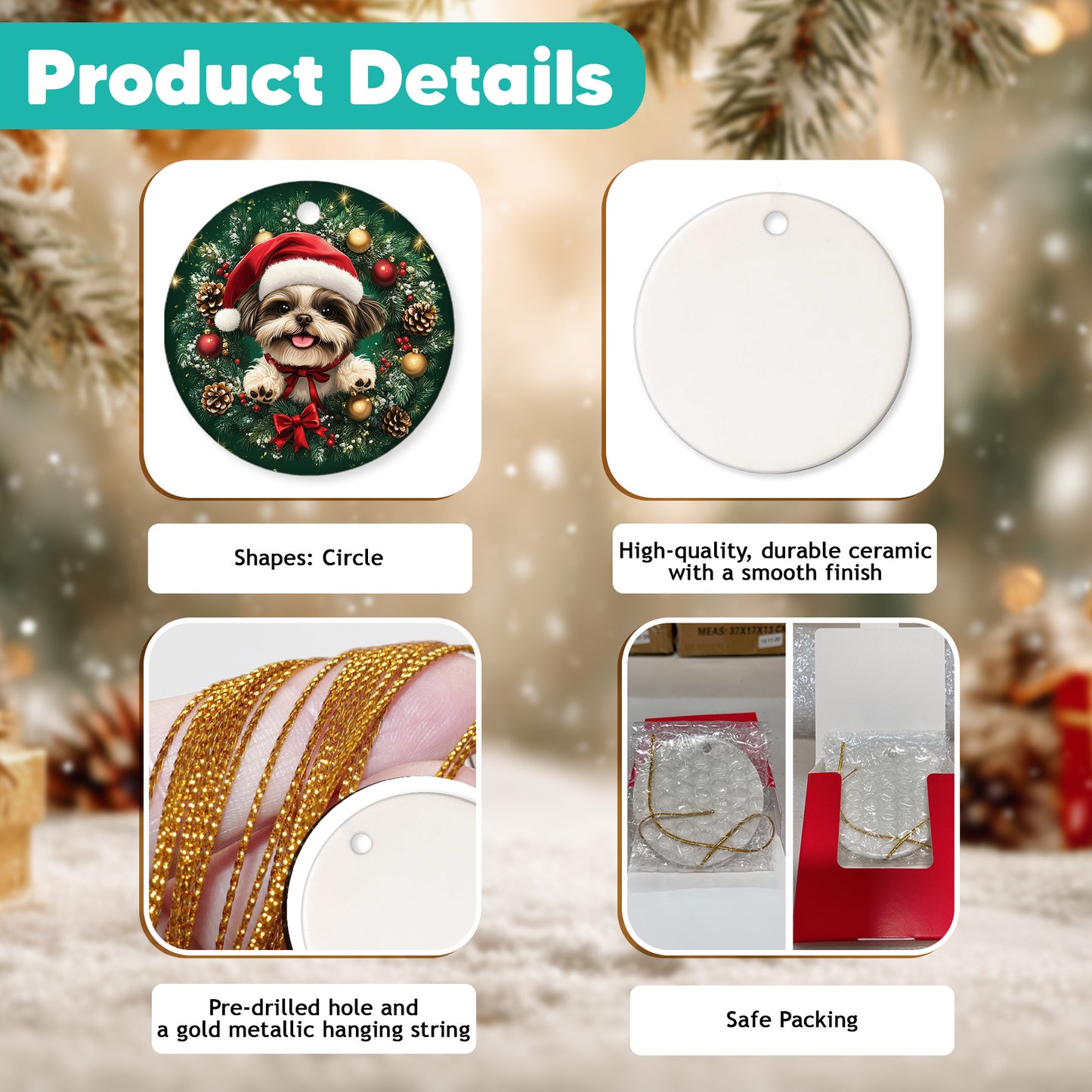 Netecom Cute Shih Tzu Christmas Ornament, Dog Santa Hat Ceramic Ornament for Xmas Tree Hanging Decorations Gift, Puppy Lover Gifts, Home Decor, Holiday Party Present