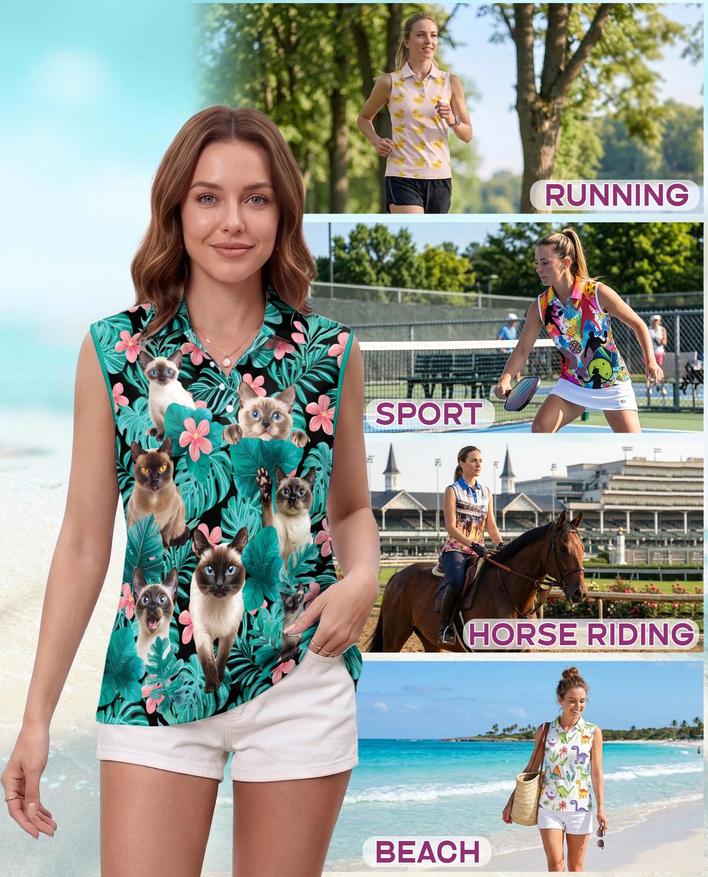 Siamese Cat Tropical Flowers Sleeveless Polo Shirt for Women | Netecom