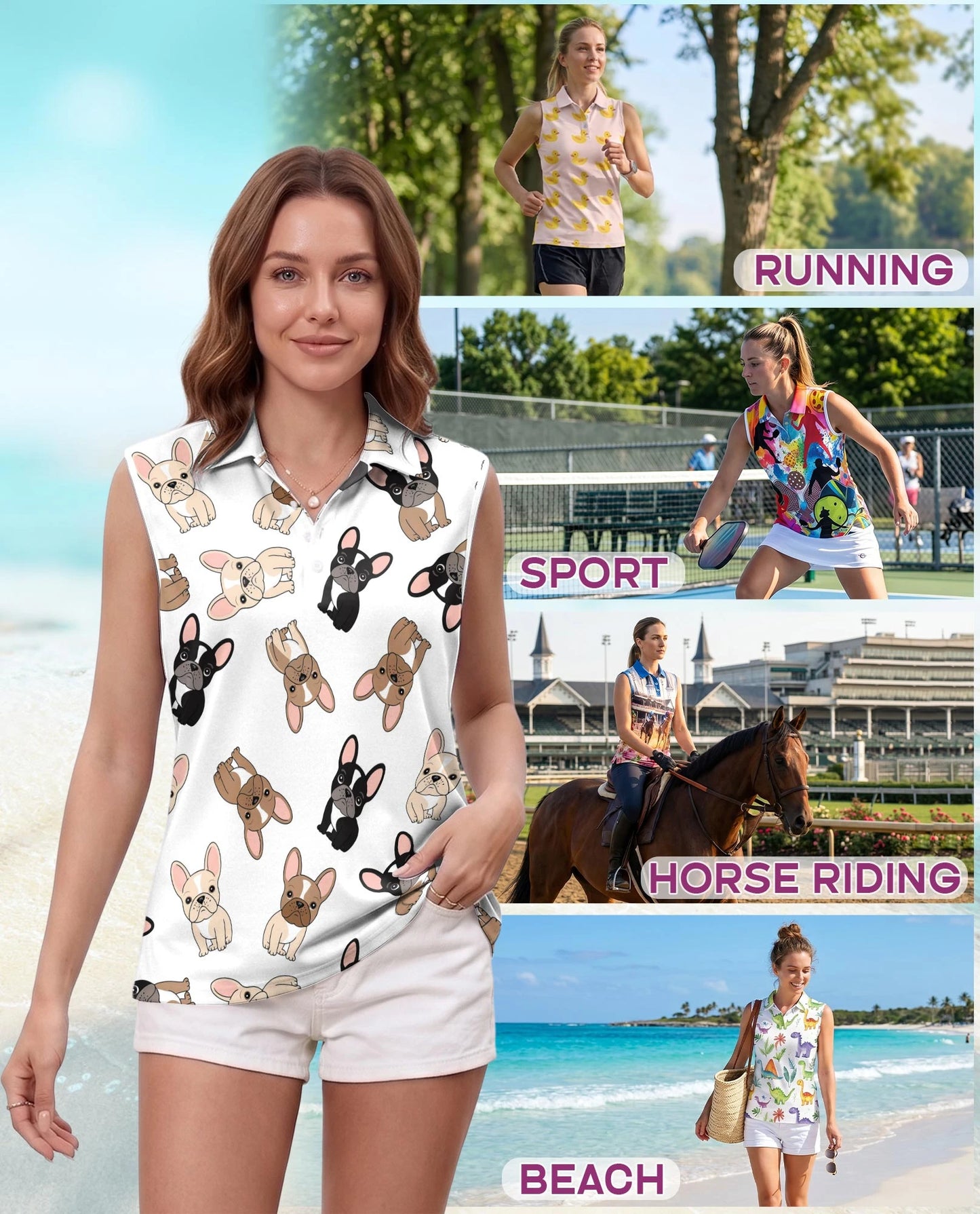 French Bulldog Sleeveless Polo Shirt for Women | Netecom