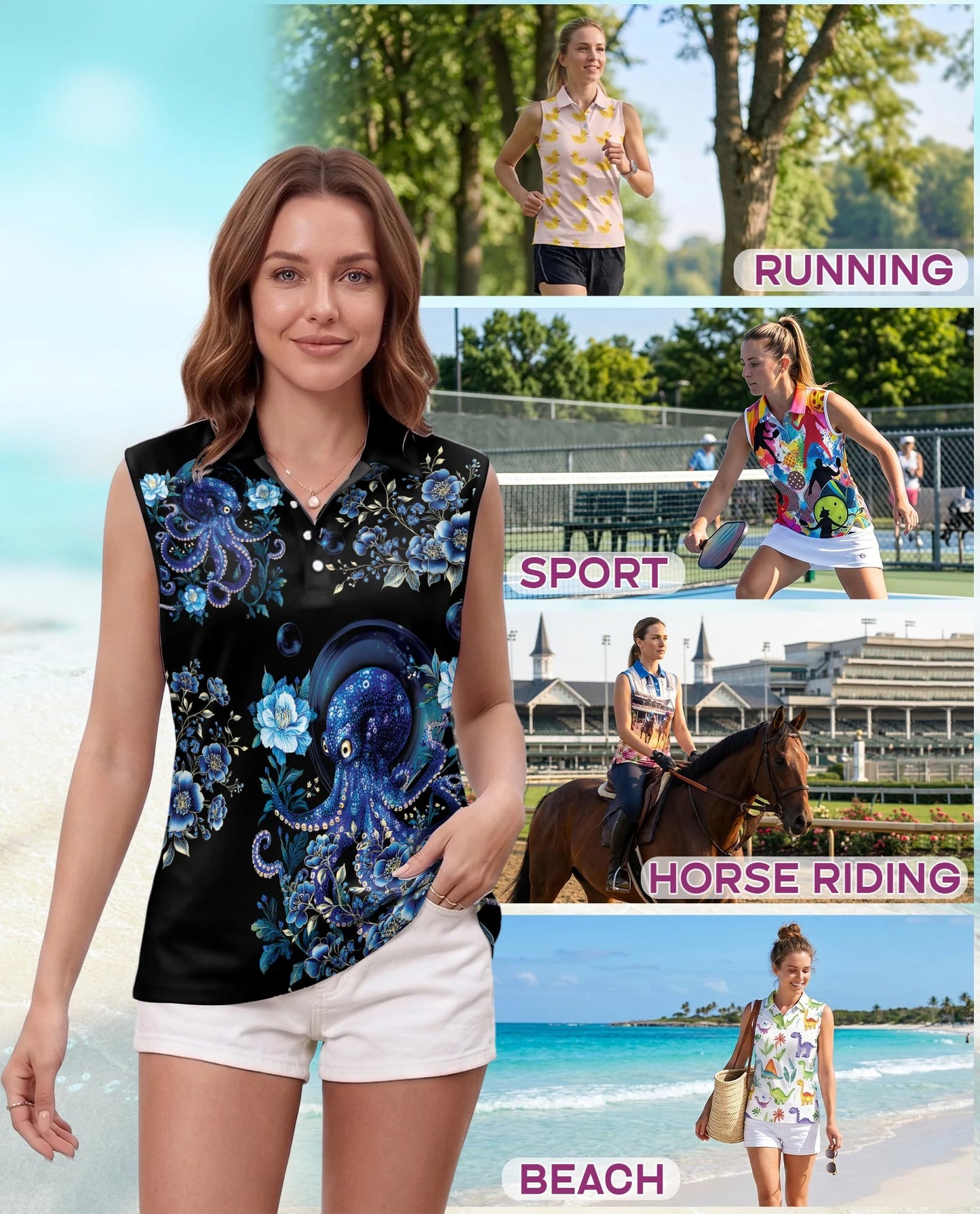 Octopus Flower Sleeveless Polo Shirt for Women | Netecom