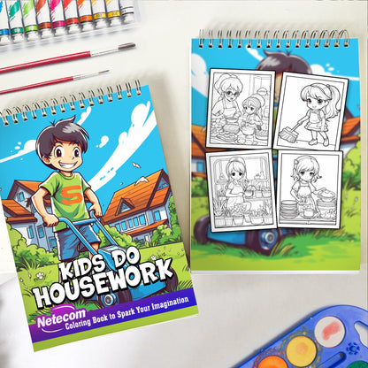 Kids Do Housework Spiral Bound Coloring Book, Immerse Yourself in 30 Captivating Coloring Pages, Inviting You to Color Kids Transforming Housework into Playful and Enjoyable Moments