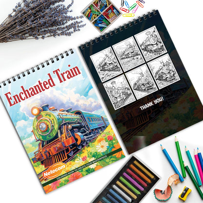 Enchanted Train Spiral Bound Coloring Book, Magical Train Journeys for a Whimsical Art Experience, Ideal for Train Enthusiasts and Dreamers