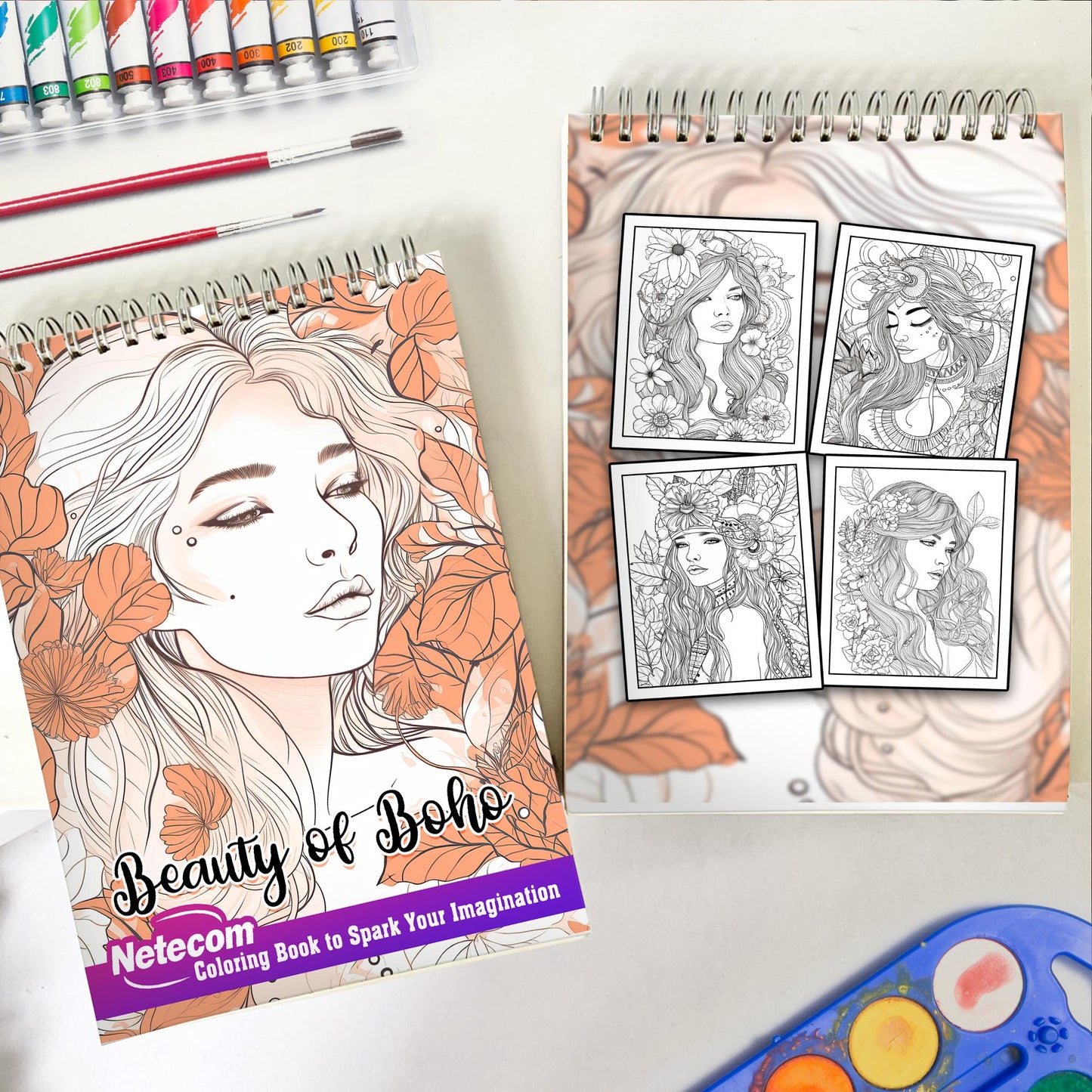 Beauty of Boho Spiral Bound Coloring Book, Amazing Coloring Collection of Bohomian Woman with High Quality Illustration for Adults to Relax and Unwind