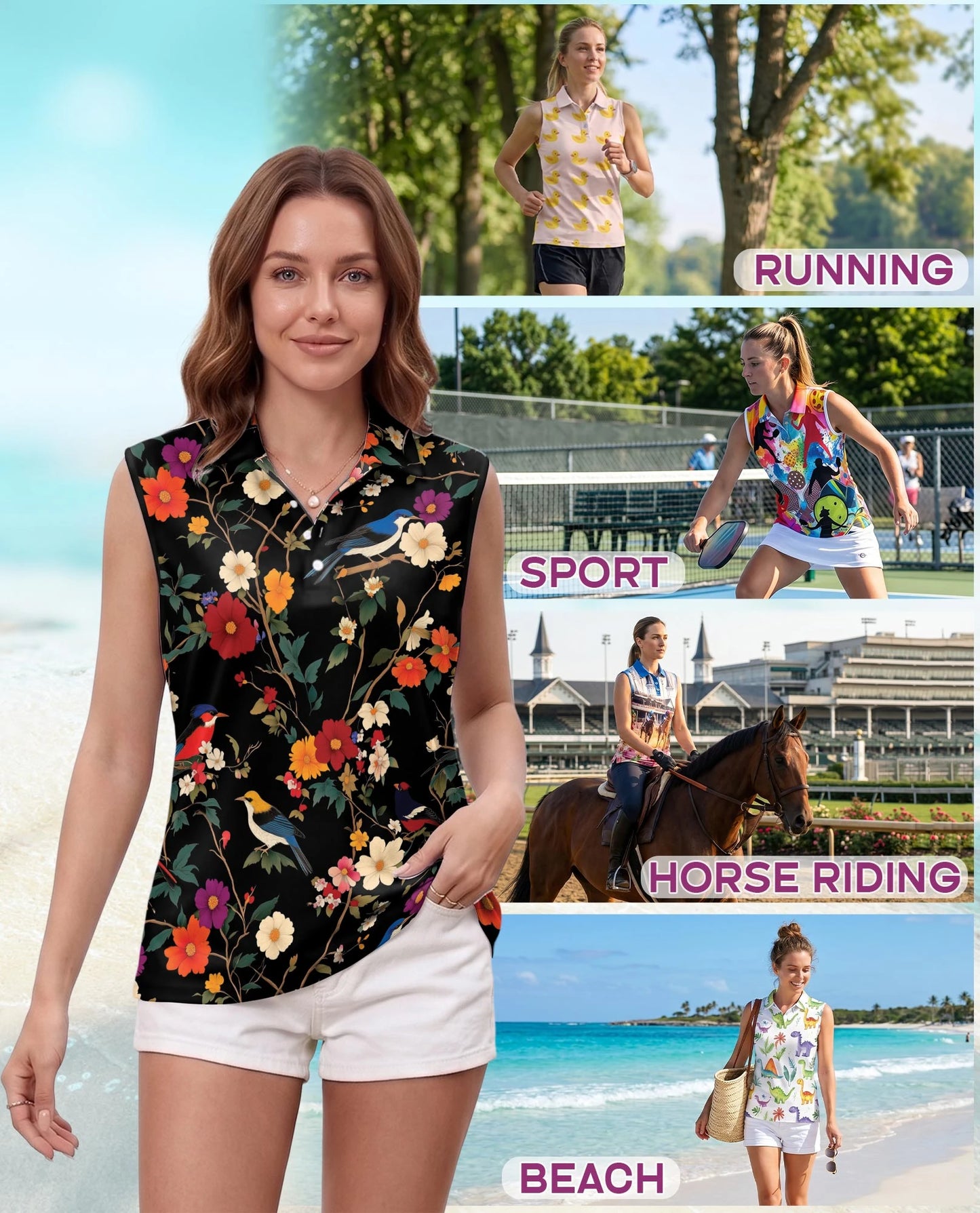 Bird and Flower Sleeveless Polo Shirt for Women | Netecom