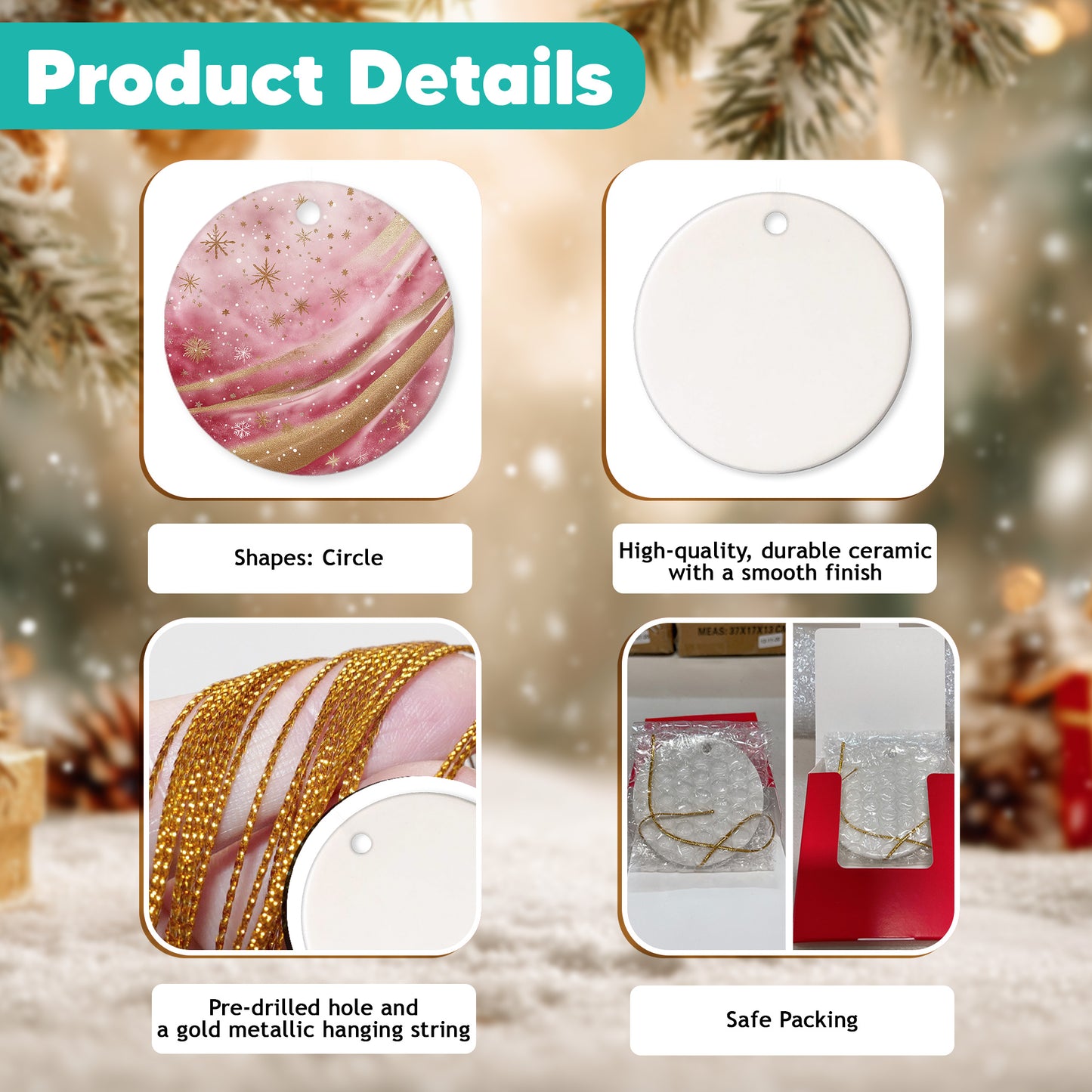 Netecom Marble Texture Pattern Pink Ornament, Ceramic Gold Glitter Snowflakes Keepsake Ornament for Xmas Tree Decorations, Gifts for Holiday, Party, Home Decor