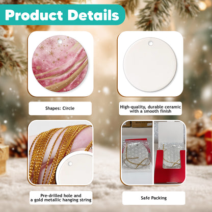 Netecom Marble Texture Pattern Pink Ornament, Ceramic Gold Glitter Snowflakes Keepsake Ornament for Xmas Tree Decorations, Gifts for Holiday, Party, Home Decor