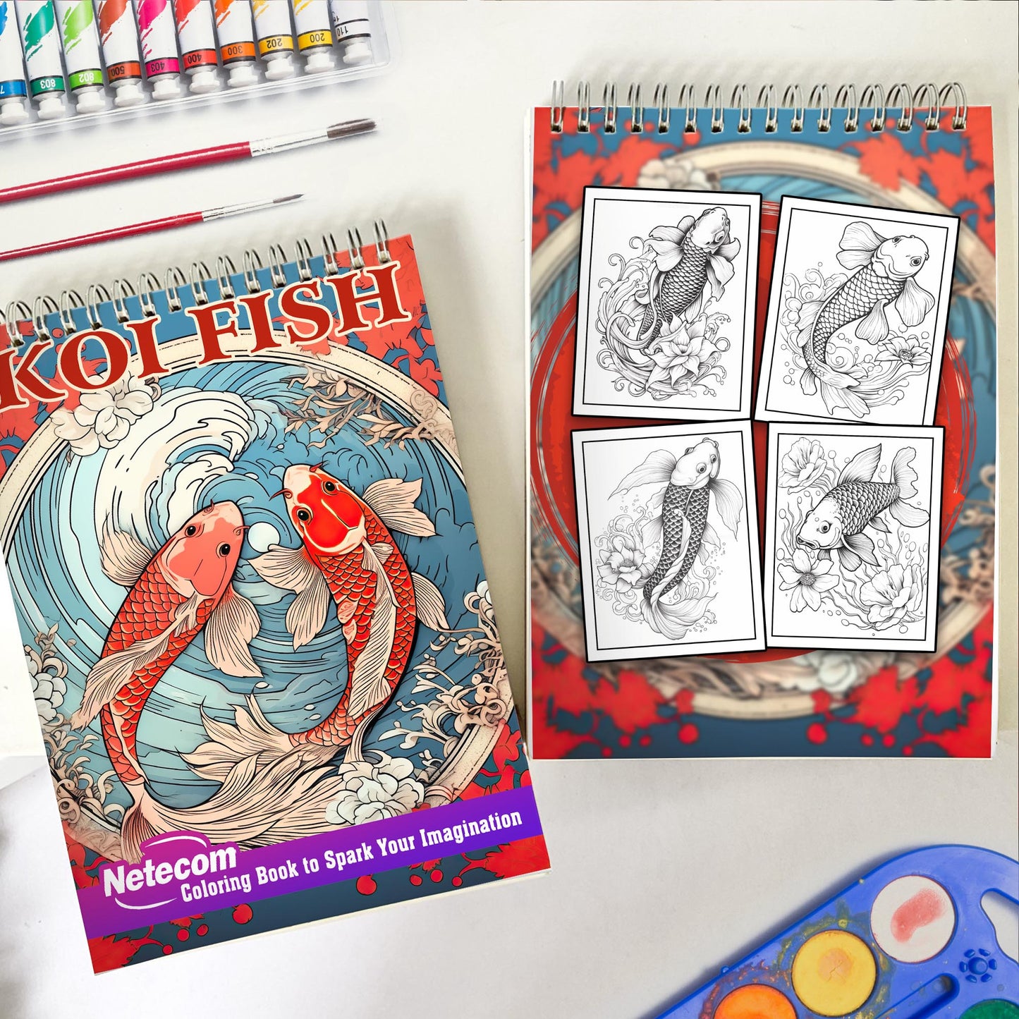 Koi Fish Spiral Bound Coloring Book, Unleash Your Creativity with 30 Coloring Pages, Capturing the Harmony and Serenity of Koi Fish in Peaceful Water Gardens