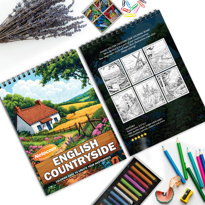 English Countryside Spiral Bound Coloring Book, Tranquil English Countryside Scenes, Ideal for Relaxation and Lovers of Rustic and Pastoral Beauty