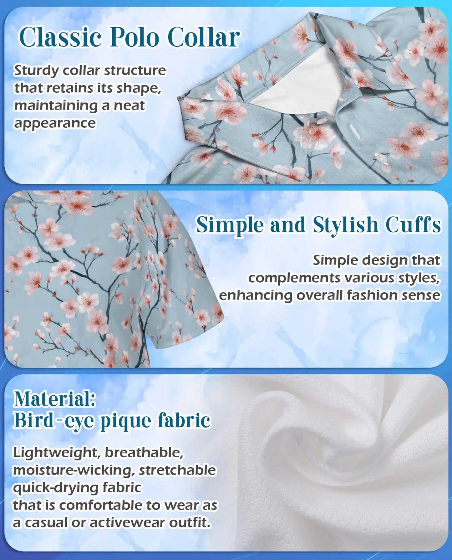 Blue Cherry Blossom Polo Shirt for Men – Spring Floral Style | Netecom