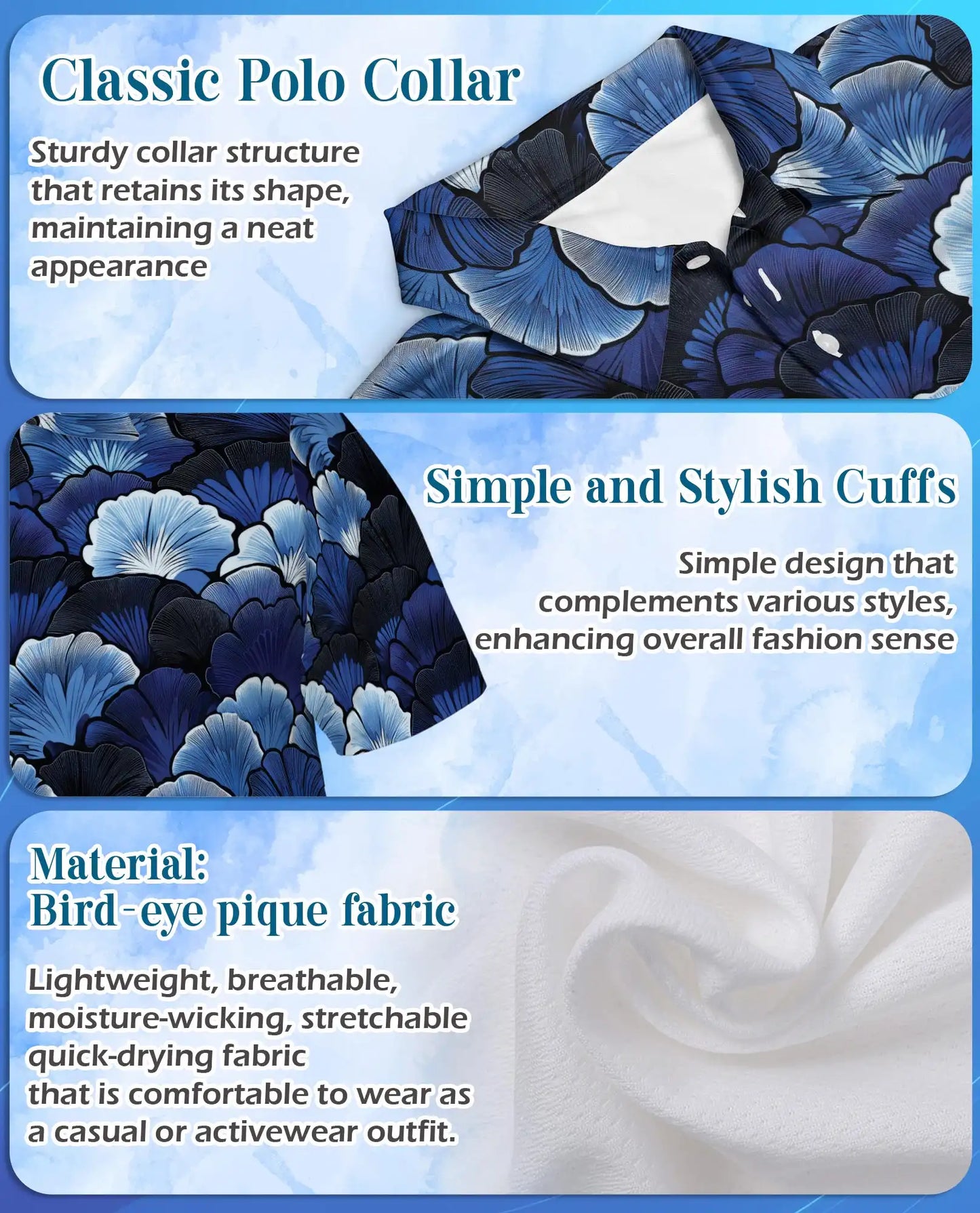 Blue Ginkgo Polo Shirt for Men – Elegant Botanical Style | Netecom