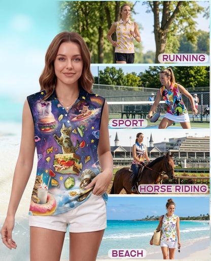 Cosmic Cat Food Adventure Sleeveless Polo Shirt for Women | Netecom