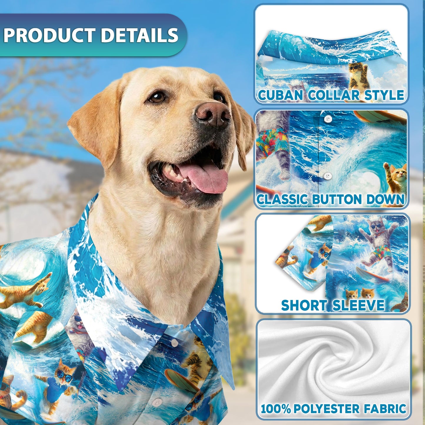 Netecom Matching Cat Surfing Hawaiian Shirt for Dog and Owner, Aloha Summer Shirt, Surf Cat Print Button Down Outfit for Pet and Human, Beach Vacation Casual Wear