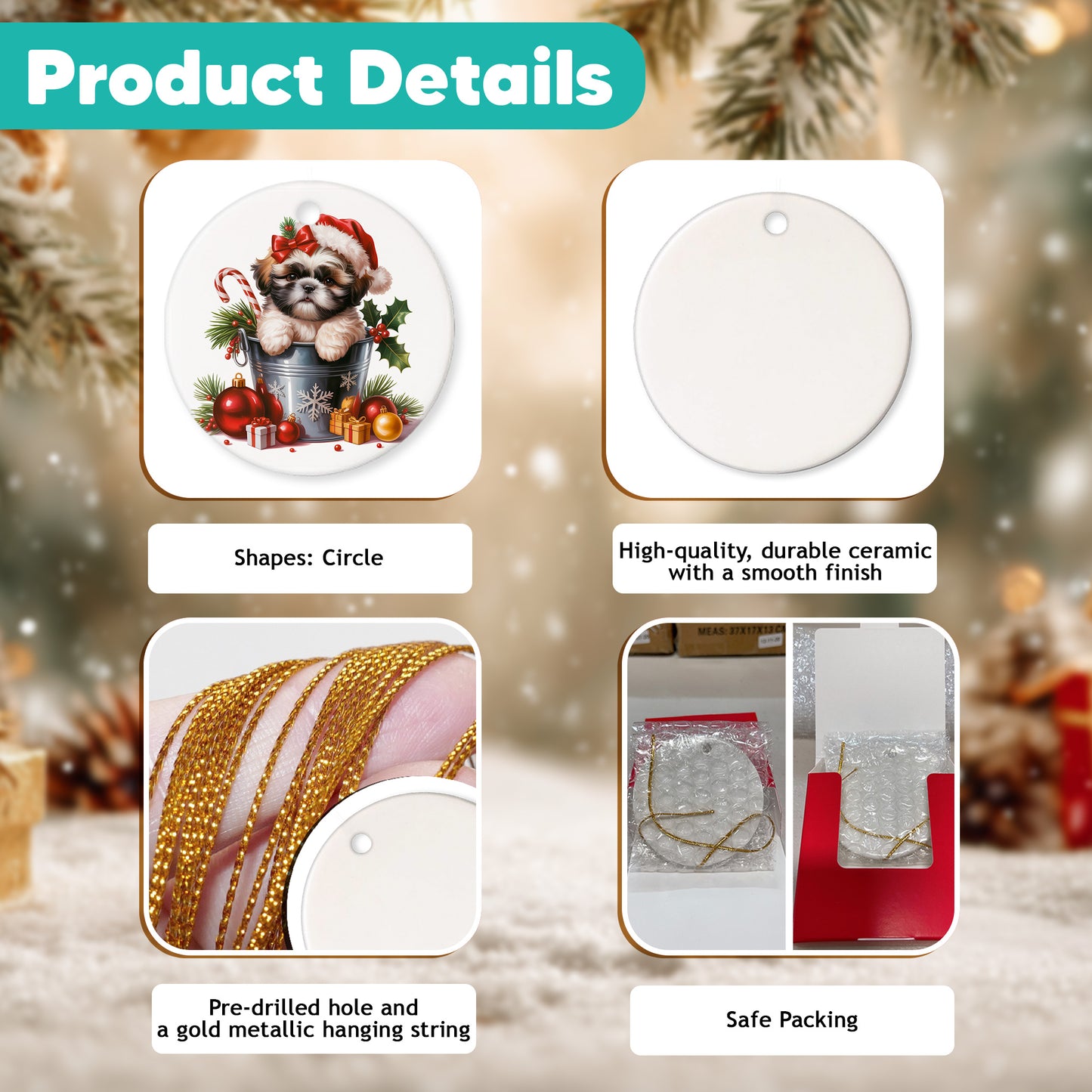 Netecom Cute Shih Tzu in Bucket Ornament, Dog with Santa Hat Ceramic Ornament for Christmas Tree Hanging Decorations Gift, Puppy Lover Gifts, Home Decor, Holiday Party Present