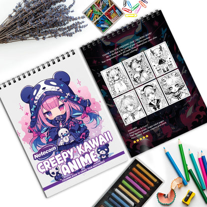 Creepy Kawaii Anime Spiral Bound Coloring Book, Spooky Yet Cute Anime Scenes, Ideal for Fans of Kawaii and Horror Seeking a Unique Art Experience