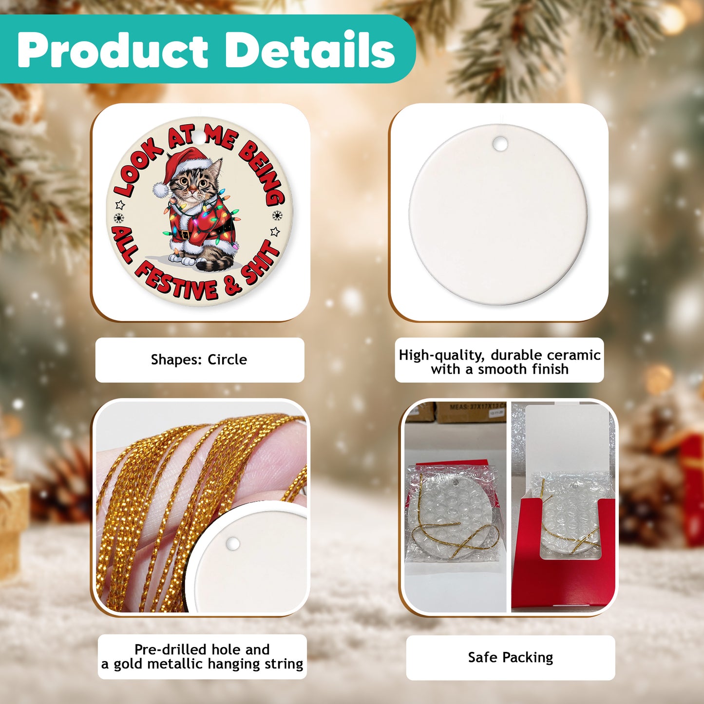 Netecom Funny Cat in Santa Outfit Ornament, Look At Me Being All Festive and Shit Ceramic Ornament for Christmas Tree Hanging Decorations Gift, Cat Lover Gifts, Holiday Party Present