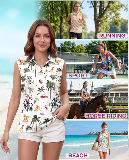 Golden Retriever Beach Sleeveless Polo Shirt for Women | Netecom
