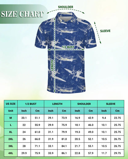 Vintage Airplane Blueprint Polo Shirt for Men-  Aviation Aircraft Print | Netecom