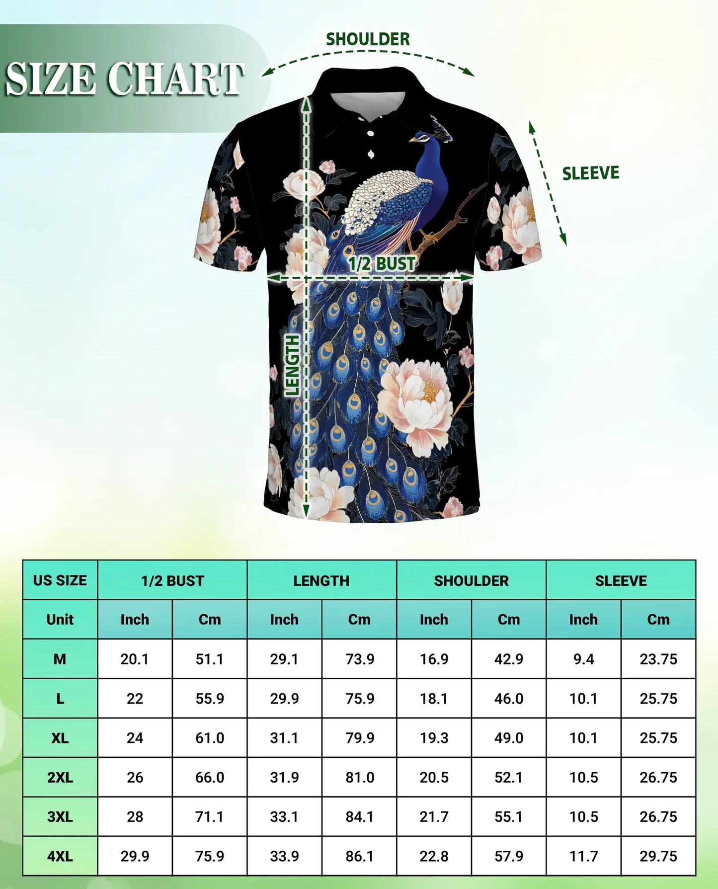 Elegant Peacock Floral Polo Shirt for Men-  Blue Peacock Bird Pattern | Netecom