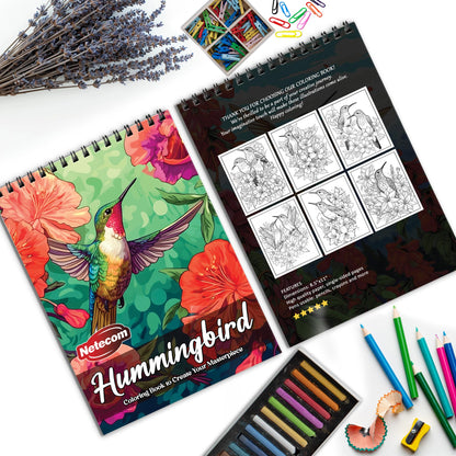 Hummingbird Spiral Bound Coloring Book, Graceful Hummingbirds Amidst Floral Beauty, Ideal for Bird Lovers and Nature Art Enthusiasts