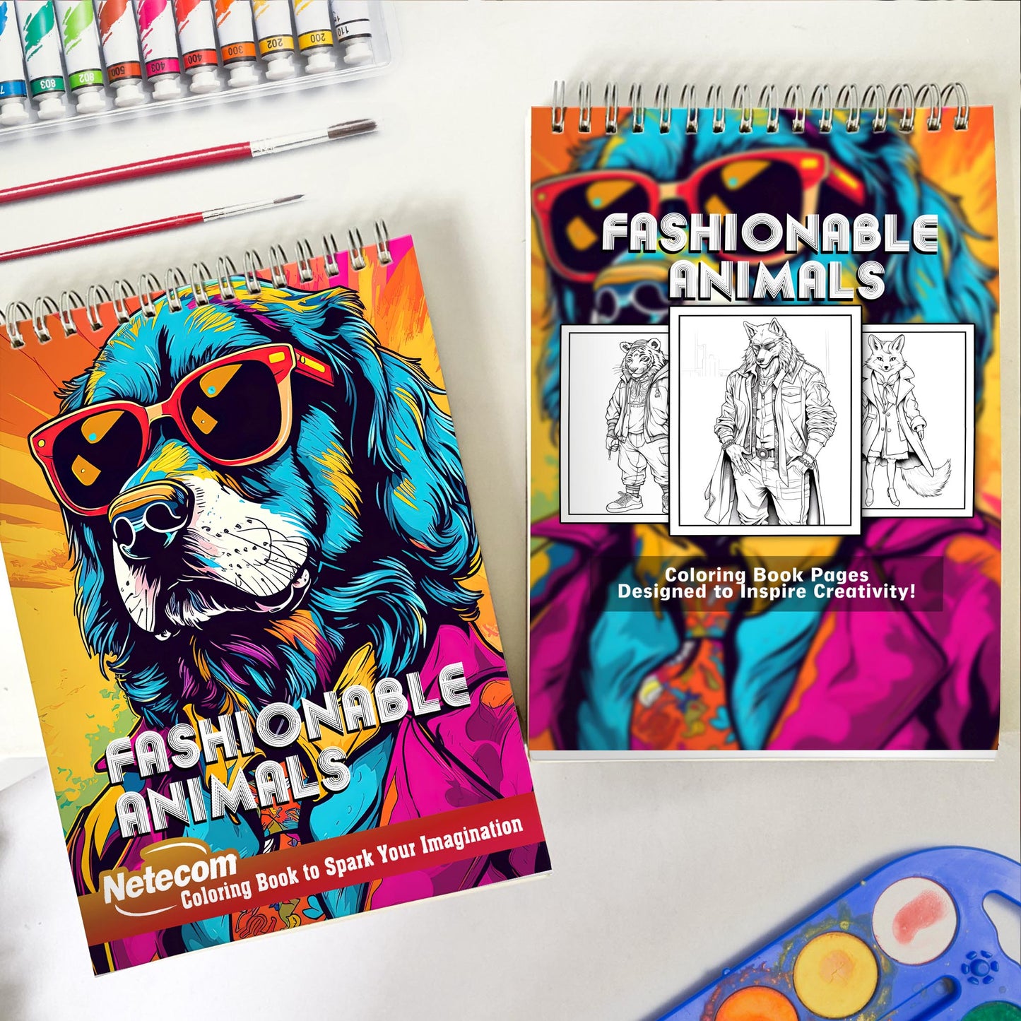 Fashionable Animals Spiral Bound Coloring Book, Step into the World of Fashion with 30 Coloring Pages, Showcasing Animals with Fabulous Accessories and Attire