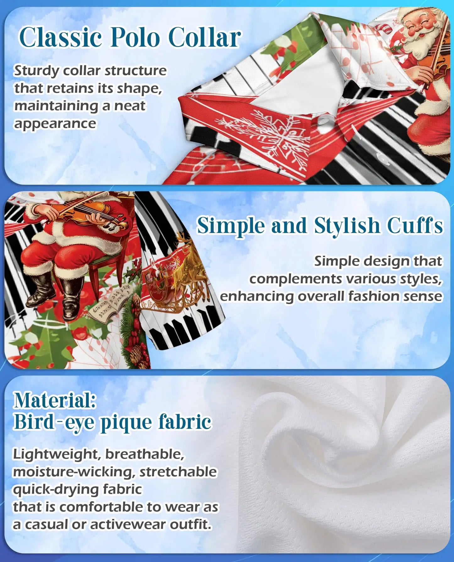 Santa Piano Music 3D Polo Shirt for Men – Christmas Holiday Musician Style | Netecom