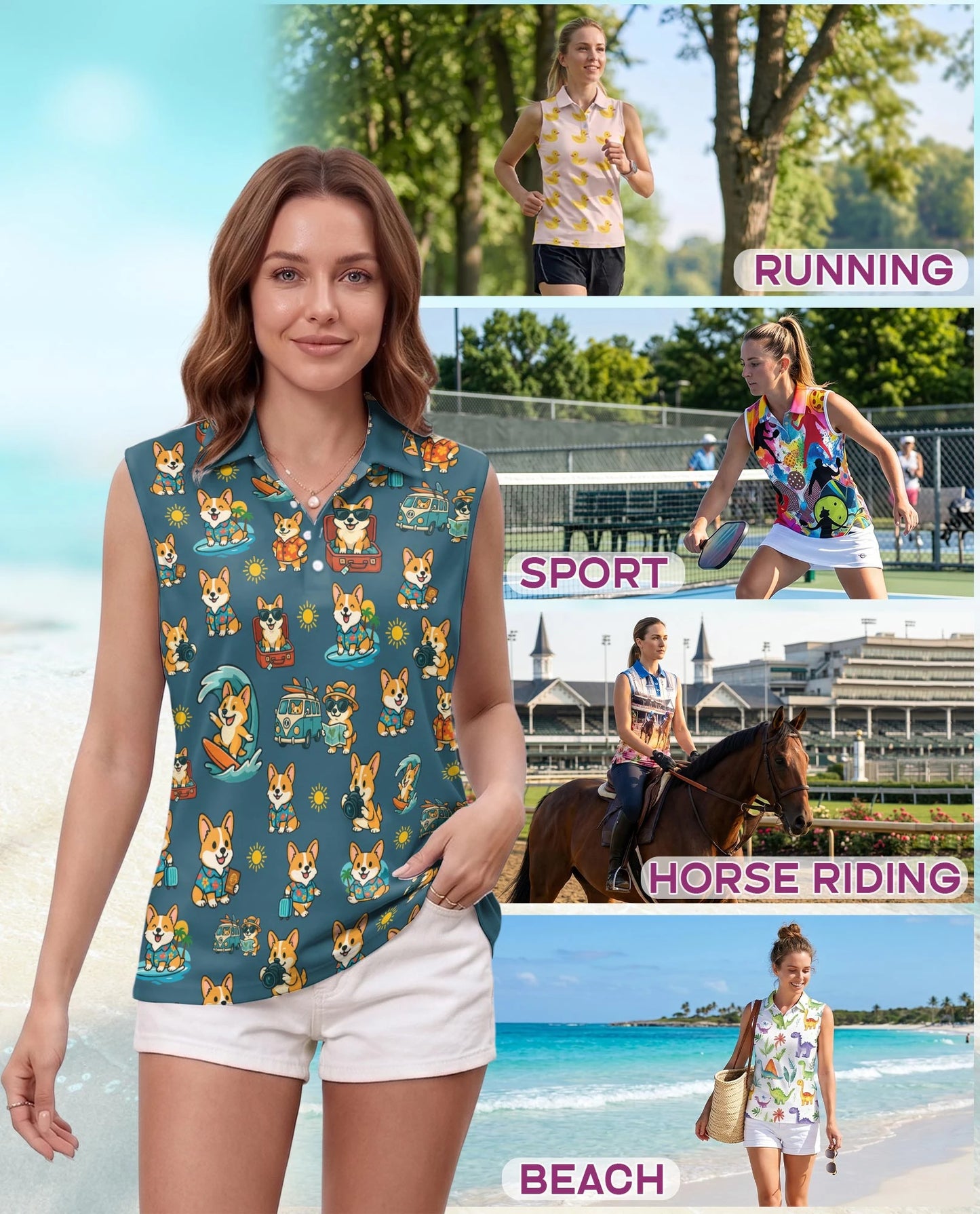 Cute Corgi Summer Beach Sleeveless Polo Shirt for Women – Dog Lover Style | Netecom