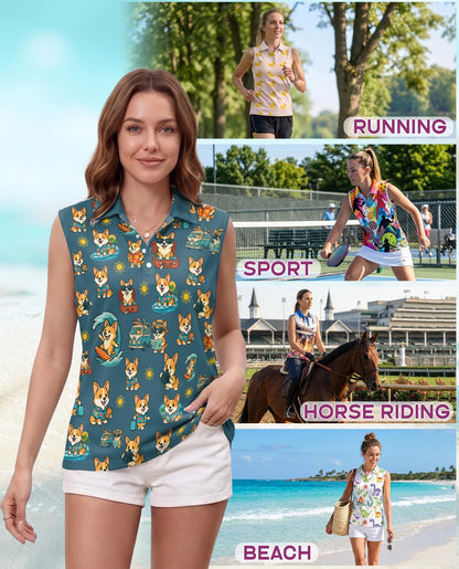 Cute Corgi Summer Beach Sleeveless Polo Shirt for Women – Dog Lover Style | Netecom