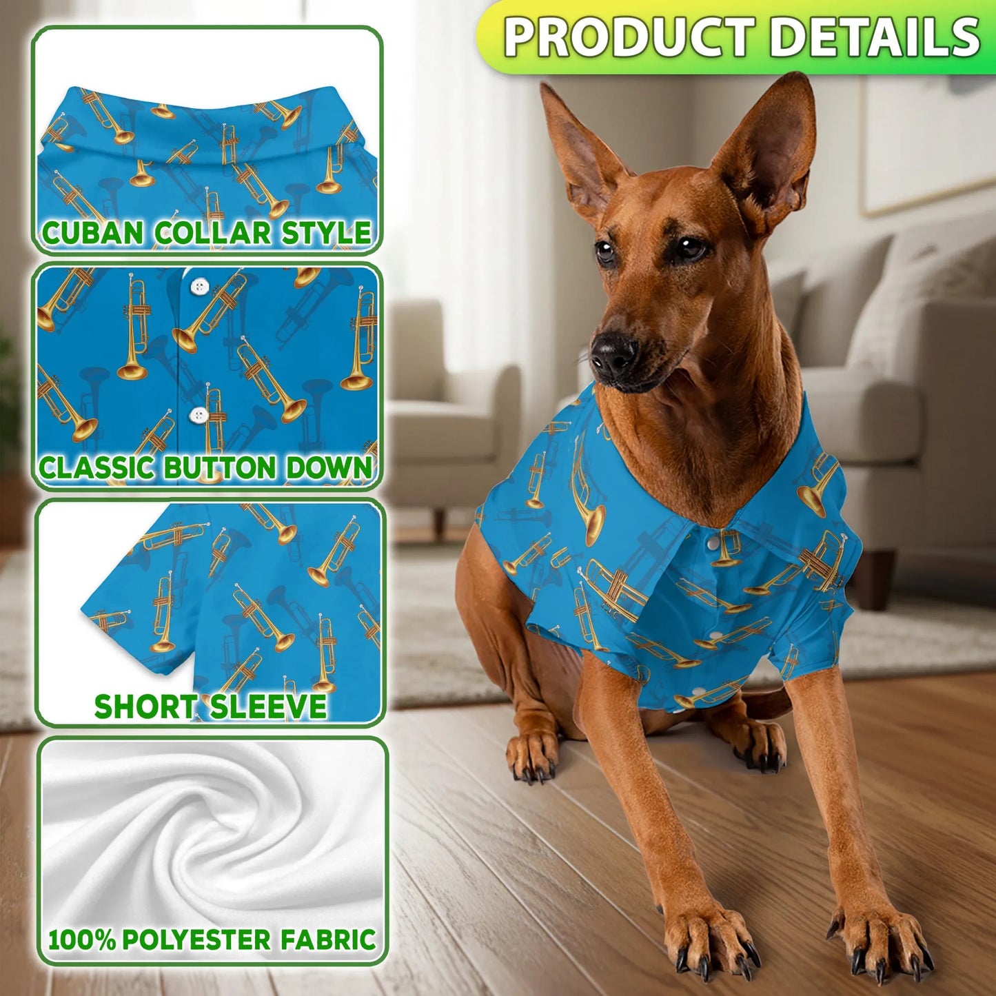 Trombone Pattern Print Hawaii Dog and Owner Matching Musical Instruments Button Shirts