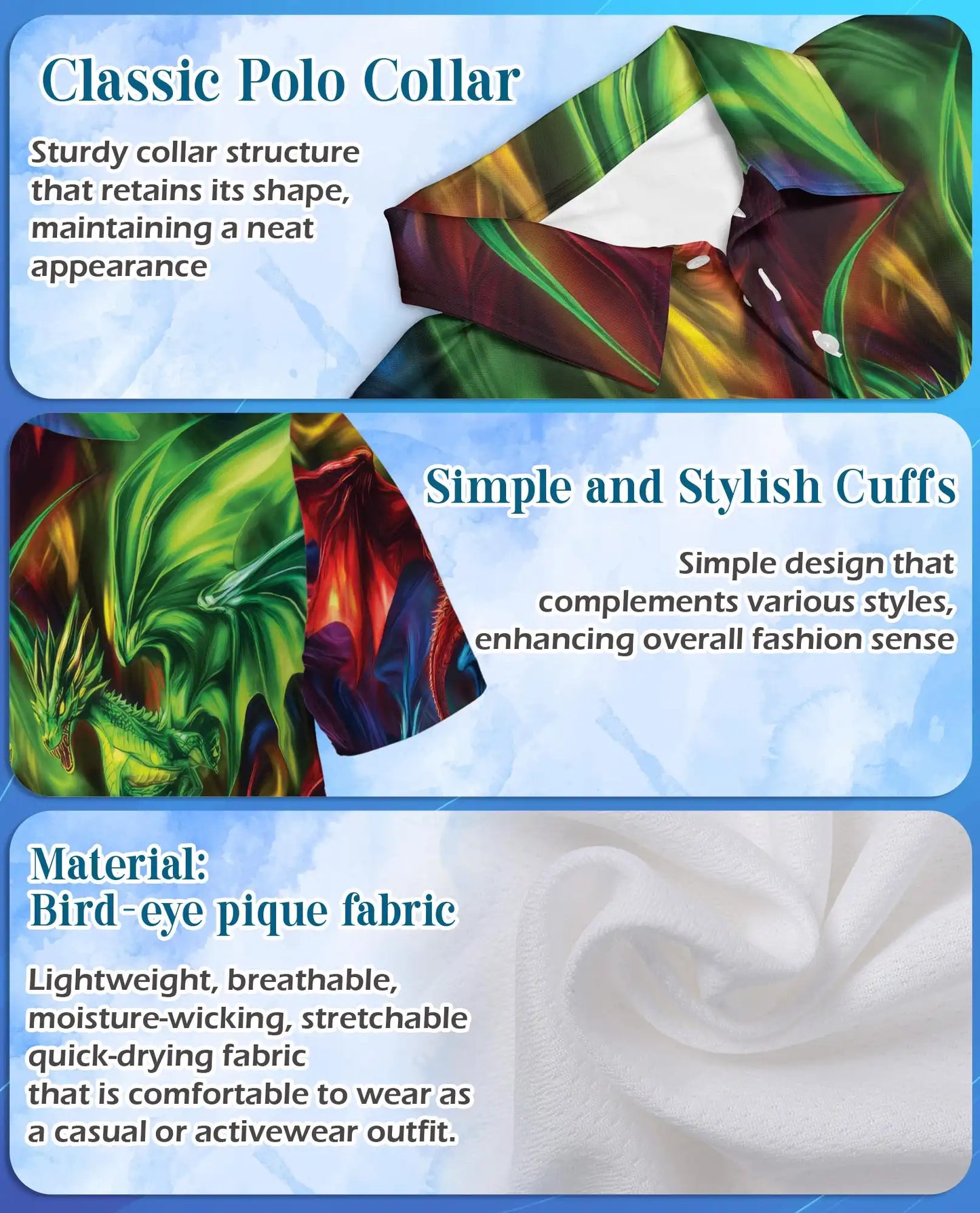 Colorful Fantasy Dragon Polo Shirt for Men - Fire Ice Mythical Dragon | Netecom