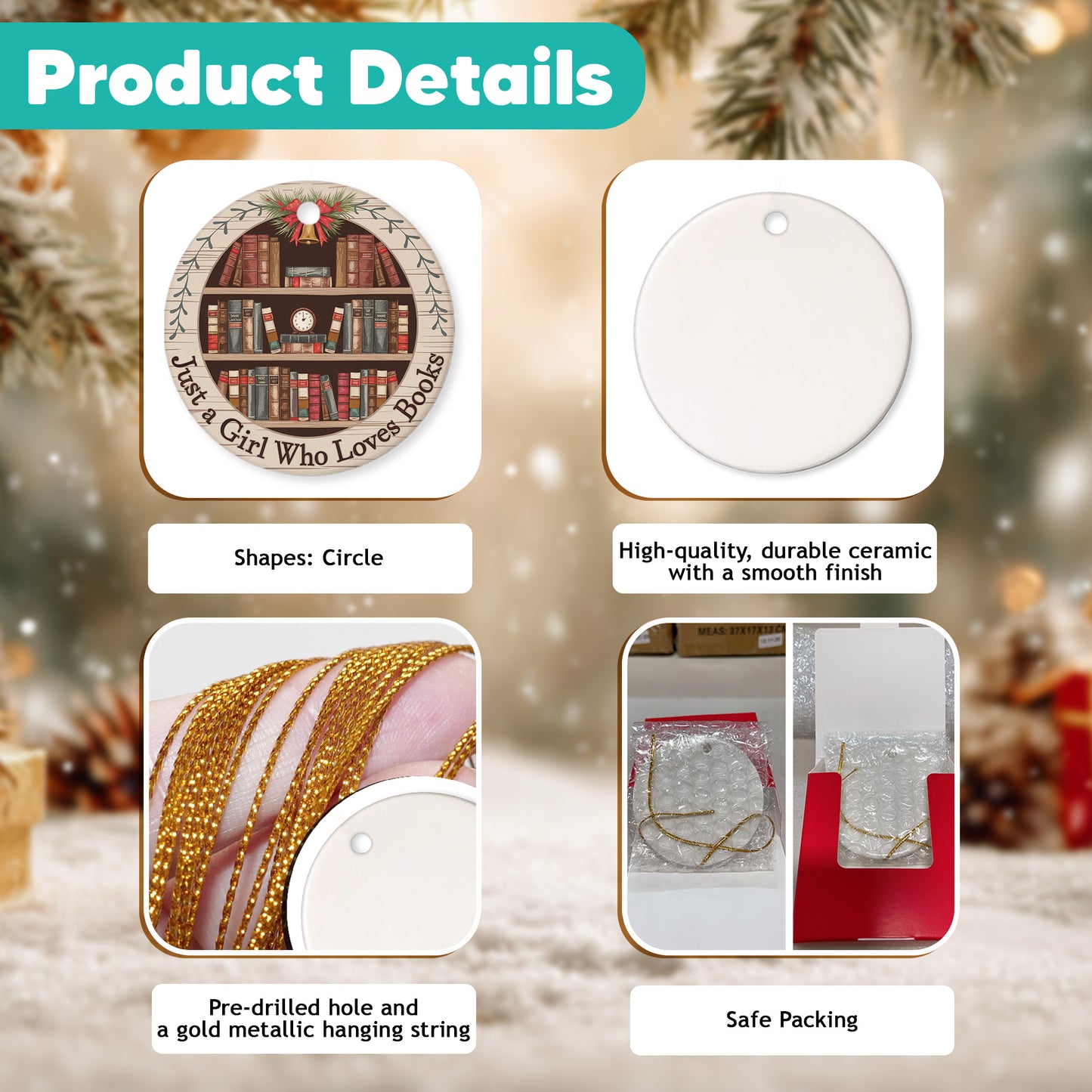 Netecom Just a Girl Who Loves Books Ornament, Bookshelf Circle Ceramic Ornament for Christmas Tree Hanging Decorations Gift, Book Lover Gifts for Women Librarian Teacher Bookworm Literature