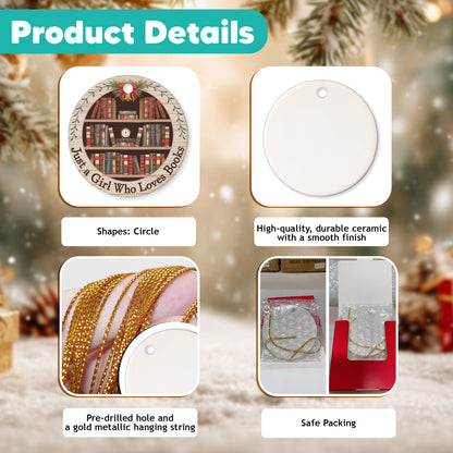 Netecom Just a Girl Who Loves Books Ornament, Bookshelf Circle Ceramic Ornament for Christmas Tree Hanging Decorations Gift, Book Lover Gifts for Women Librarian Teacher Bookworm Literature