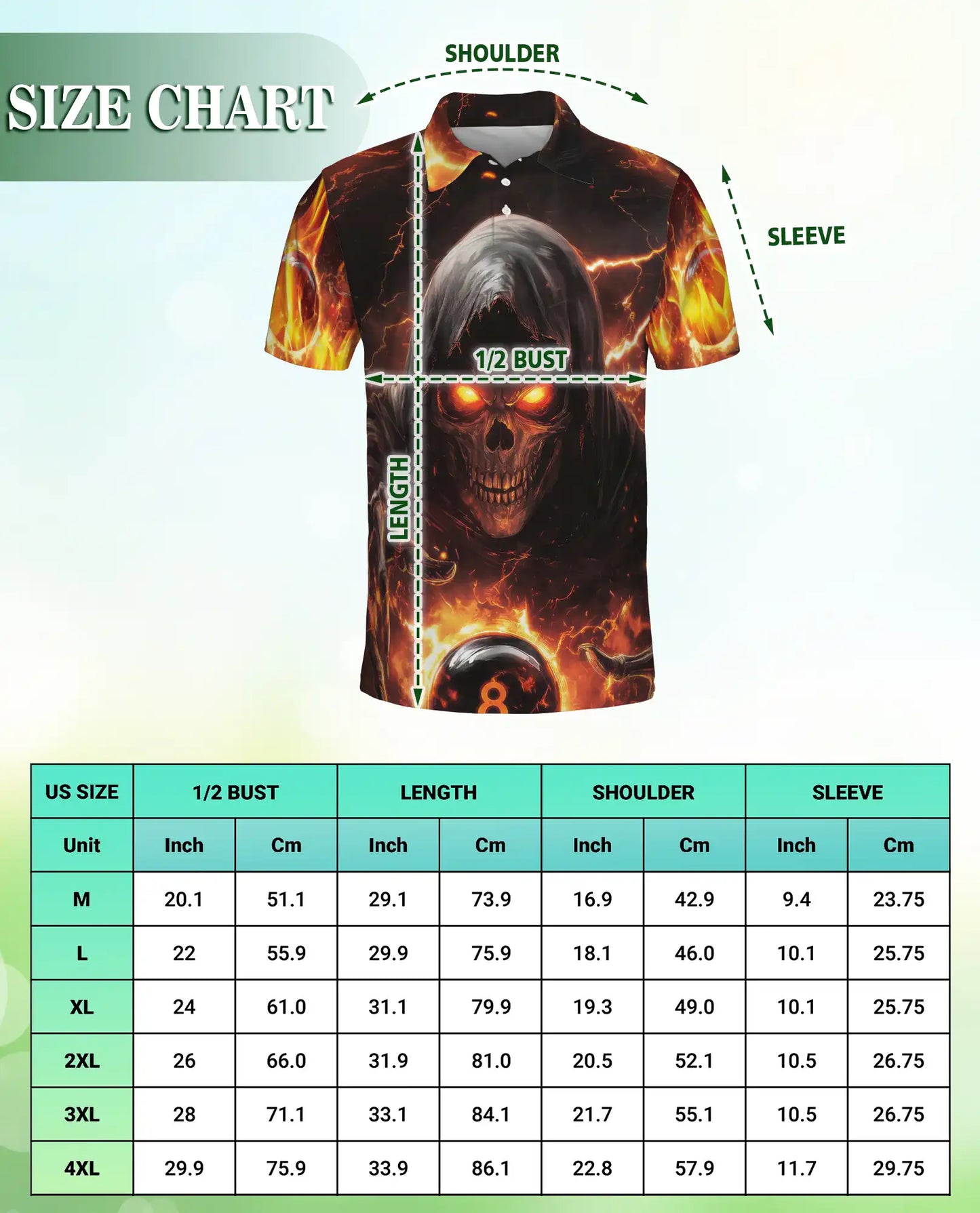 Dark Grim Reaper Skull 3D Polo Shirt for Men – Fiery Gothic Horror Style | Netecom