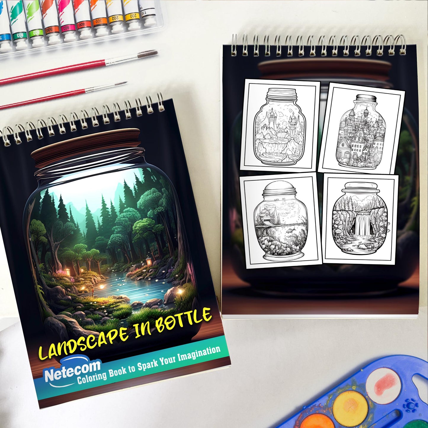 Landscape In Bottle Spiral Bound Coloring Book, Unleash Your Creativity with 30 Enchanting Coloring Pages, Depicting Tranquil Landscapes Encased in Bottles