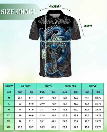 Blue Dragon Cross 3D Polo Shirt for Men – Medieval Fantasy Armor Style | Netecom