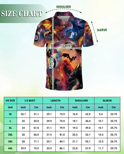 Cosmic Fantasy Dragon 3D Polo Shirt for Men – Galaxy Mythical Creature Style | Netecom