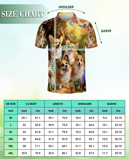 Cute Corgi Garden 3D Polo Shirt for Men – Fantasy Dog Nature Style | Netecom