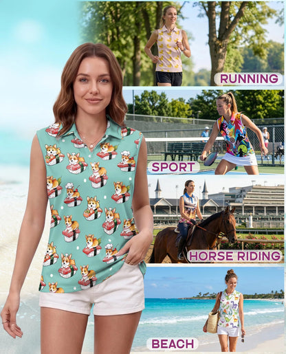 Sushi Corgi Sleeveless Polo Shirt for Women | Netecom